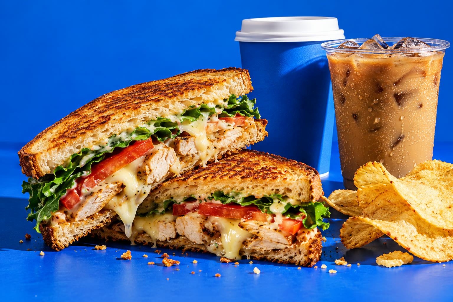 Toasted chicken sandwich with coffee and crisps