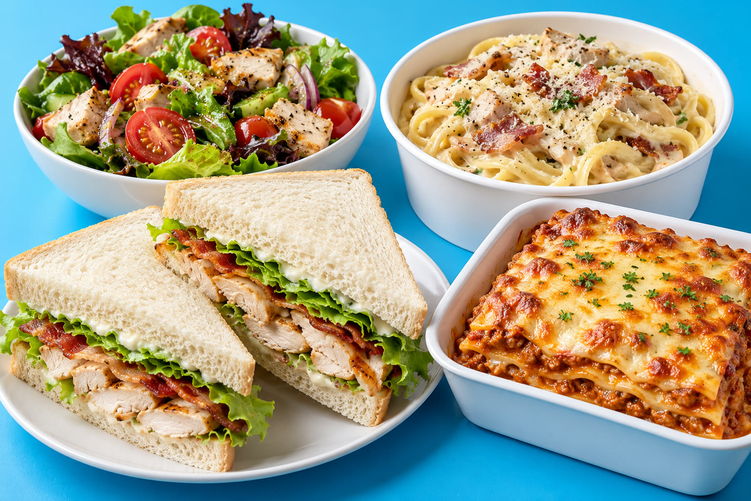 Cold chicken sandwich, fresh salad, creamy carbonara and baked lasagne